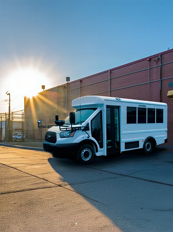 White shuttle bus parked next to a prison near Albuquerque